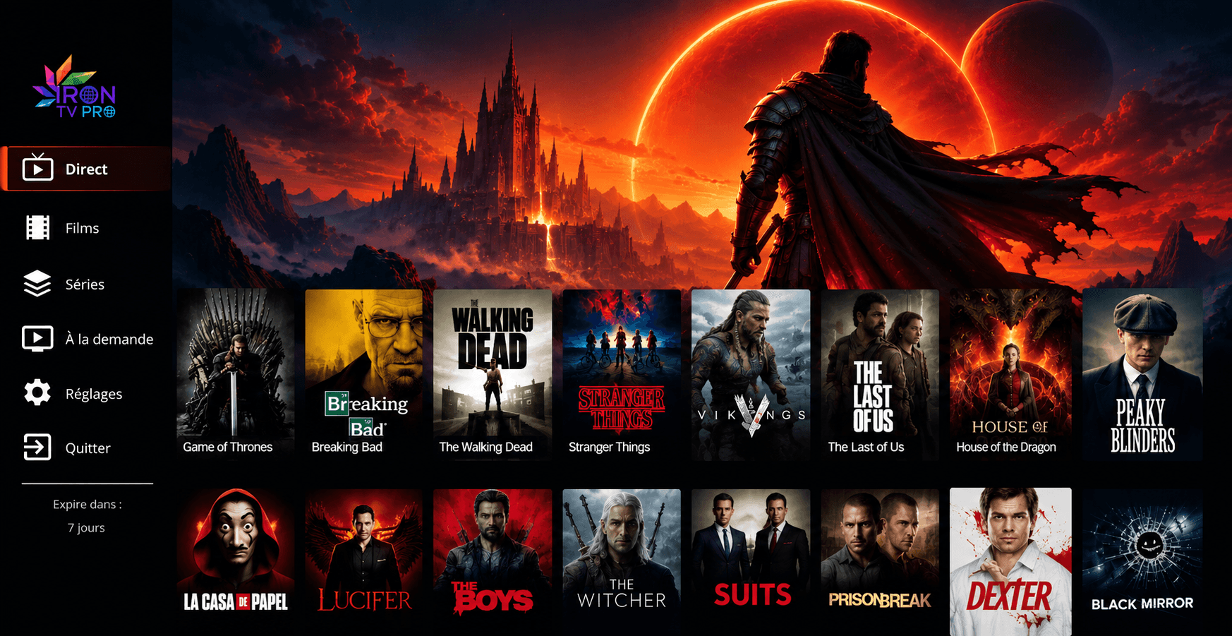 Aperçu d’une interface de lecture IPTV : menu Direct, Films, Séries, À la demande et catalogue de séries