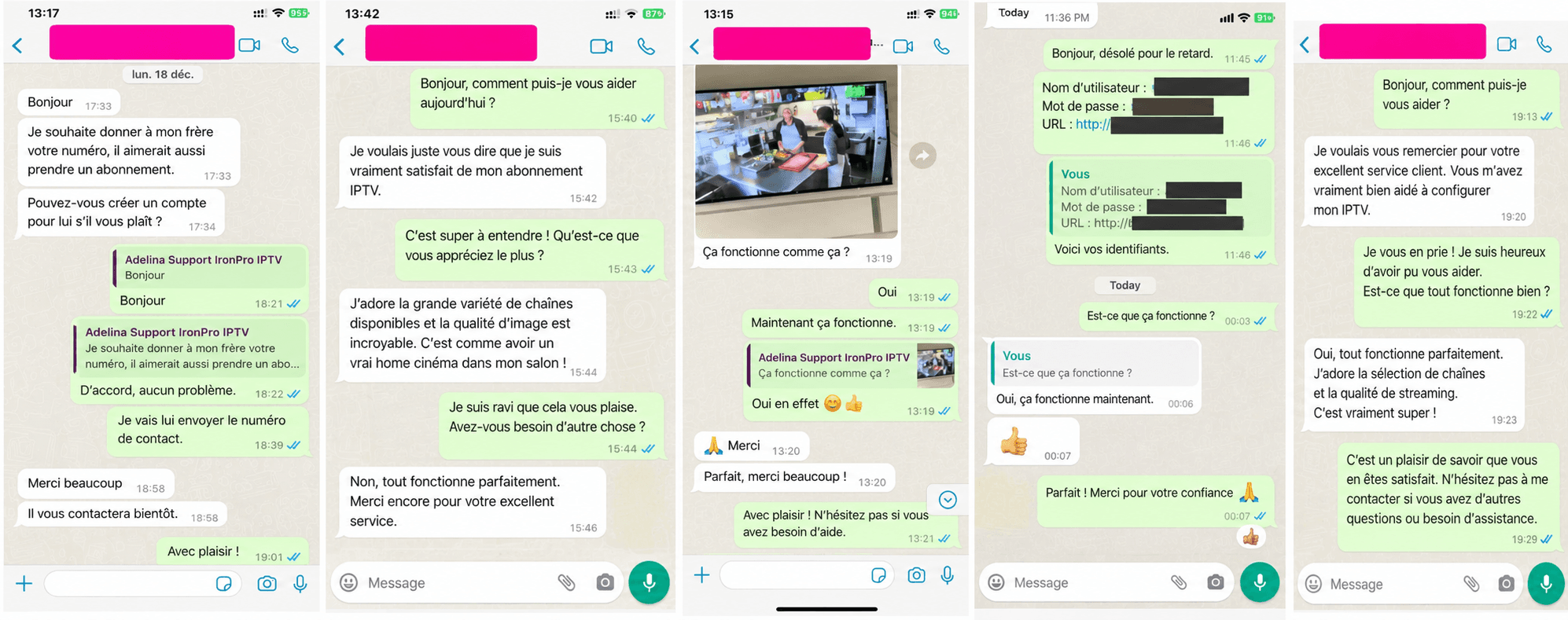 Captures d’écran de conversations WhatsApp entre des abonnés et le support Iron TV